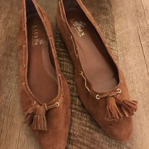 TAN POINTED TOE SUEDE FLATS, SZ 8.5